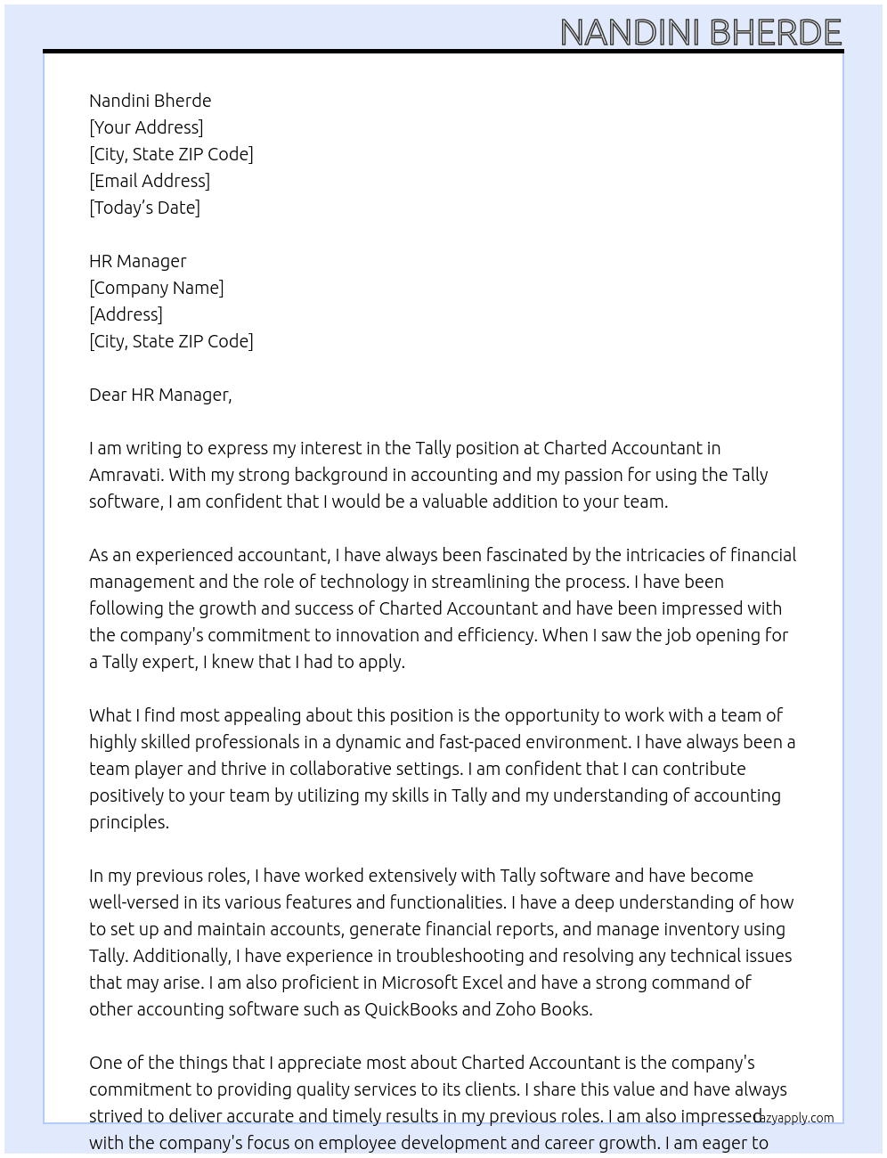 Tally At Charted accountant Cover Letter