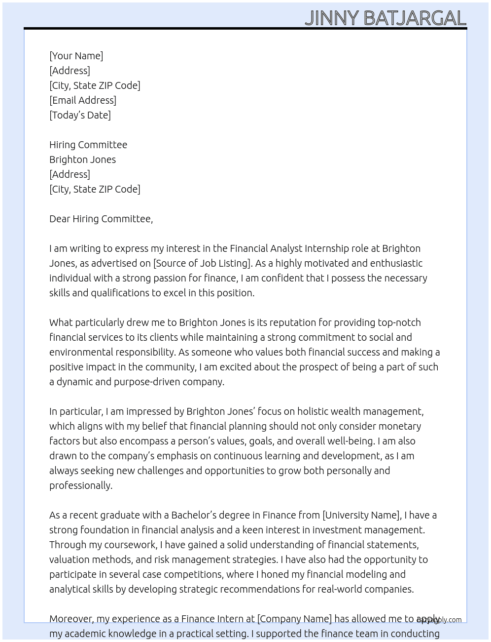 financial analyst At Brighton Jones Cover Letter