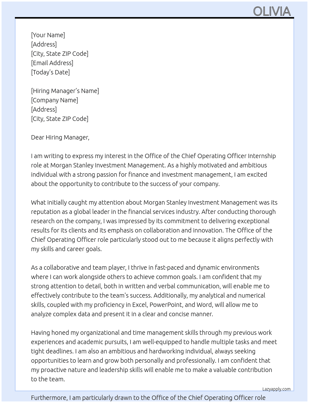 Office of the Chief Operating Officer At Morgan Stanley Investment Management Cover Letter
