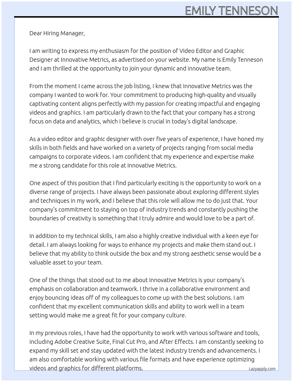 Video Editor and Graphic Designer At Innovative Metrics Cover Letter