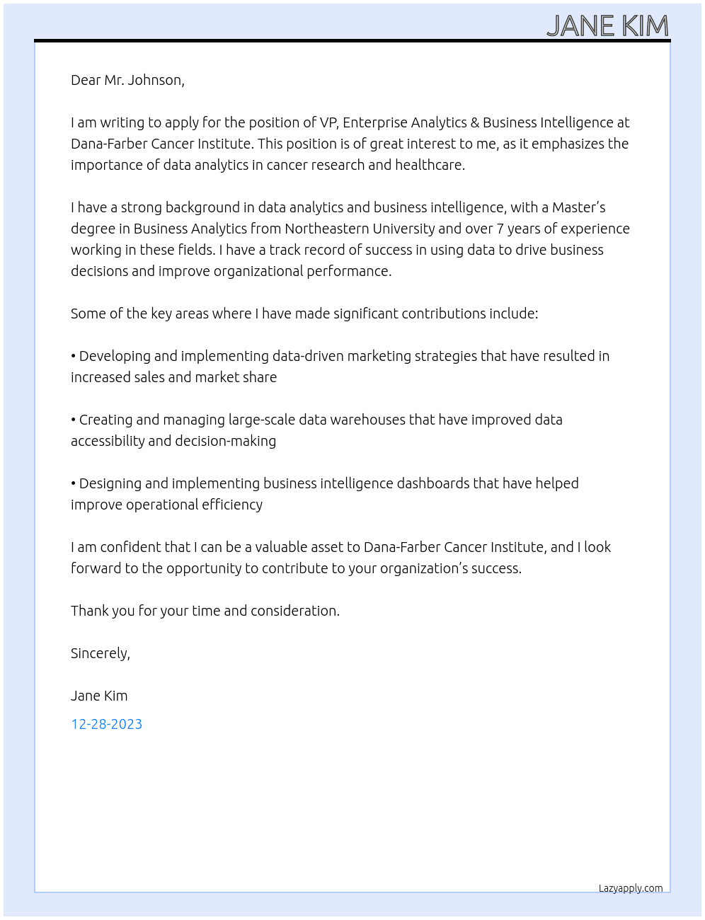VP, Enterprise Analytics & Business Intelligence At Dana-Farber Cancer Institute Cover Letter