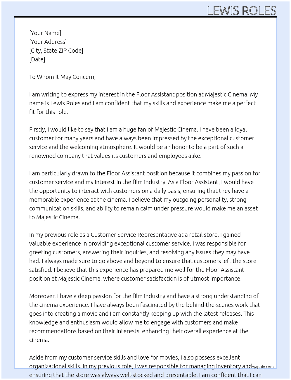 floor assistant At majestic cinema Cover Letter