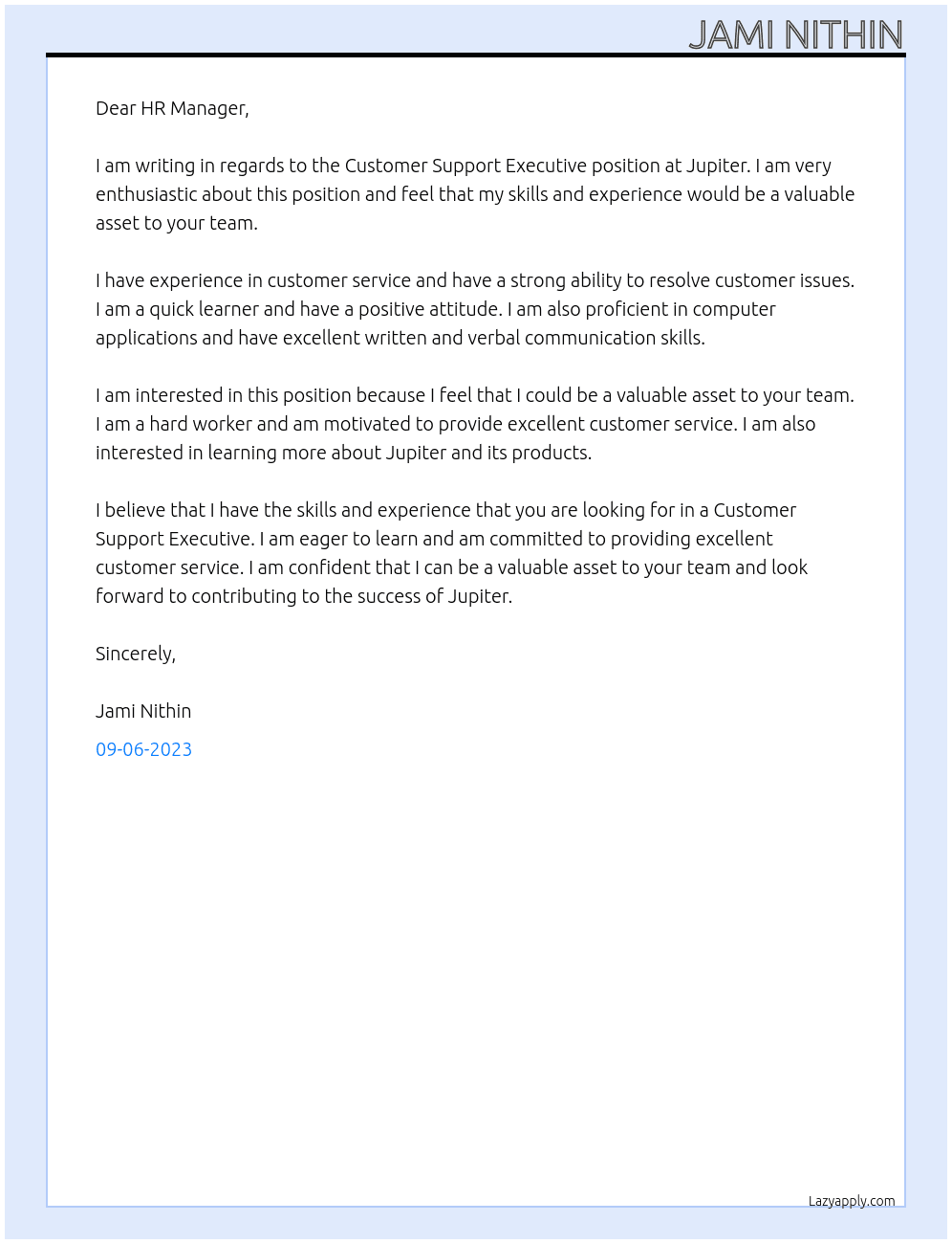 Customer support executive At JUPITER Cover Letter