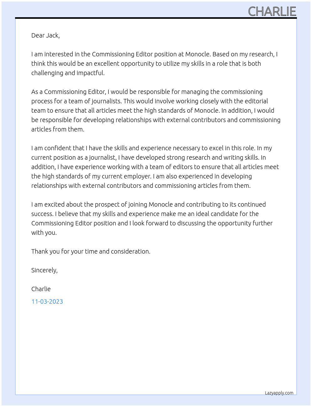 Commissioning Editor At Monocle Cover Letter