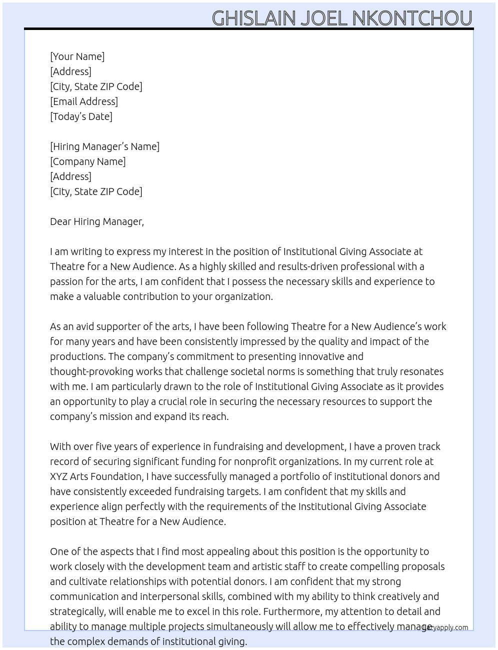 Institutional Giving Associate At Theatre for a New Audience Cover Letter