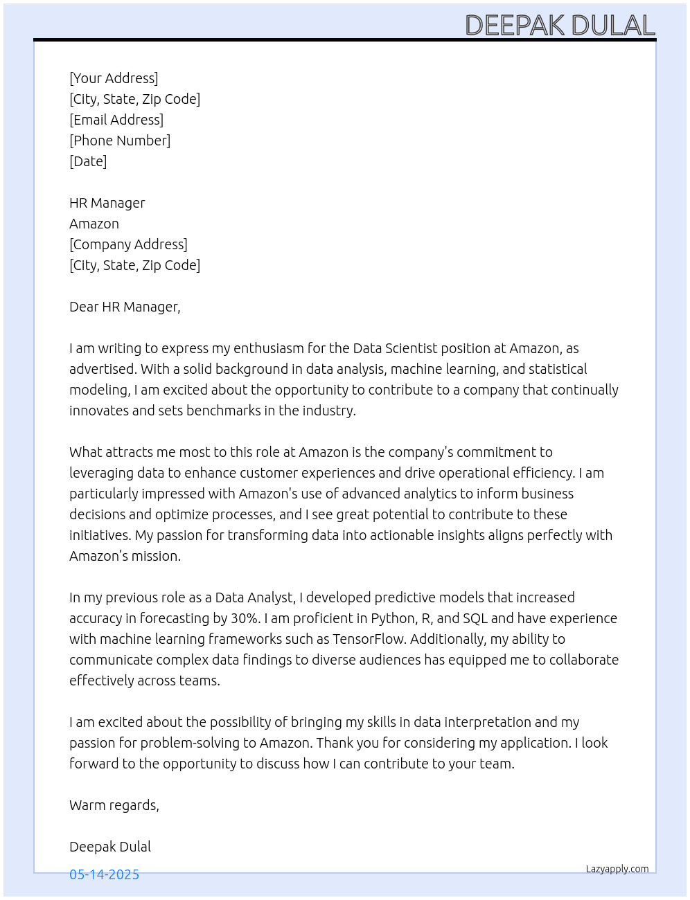 Data Scientist At Amazon Cover Letter