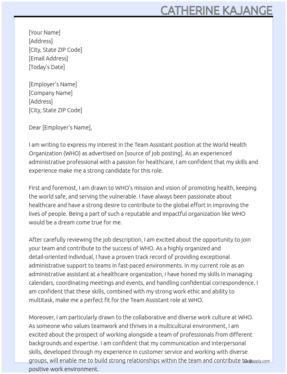 Team Assistant At WHO Cover Letter