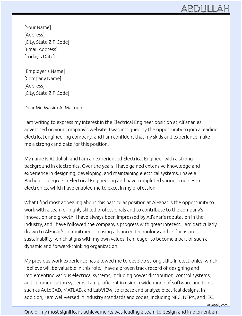 electrical engineer At AlFanar Cover Letter