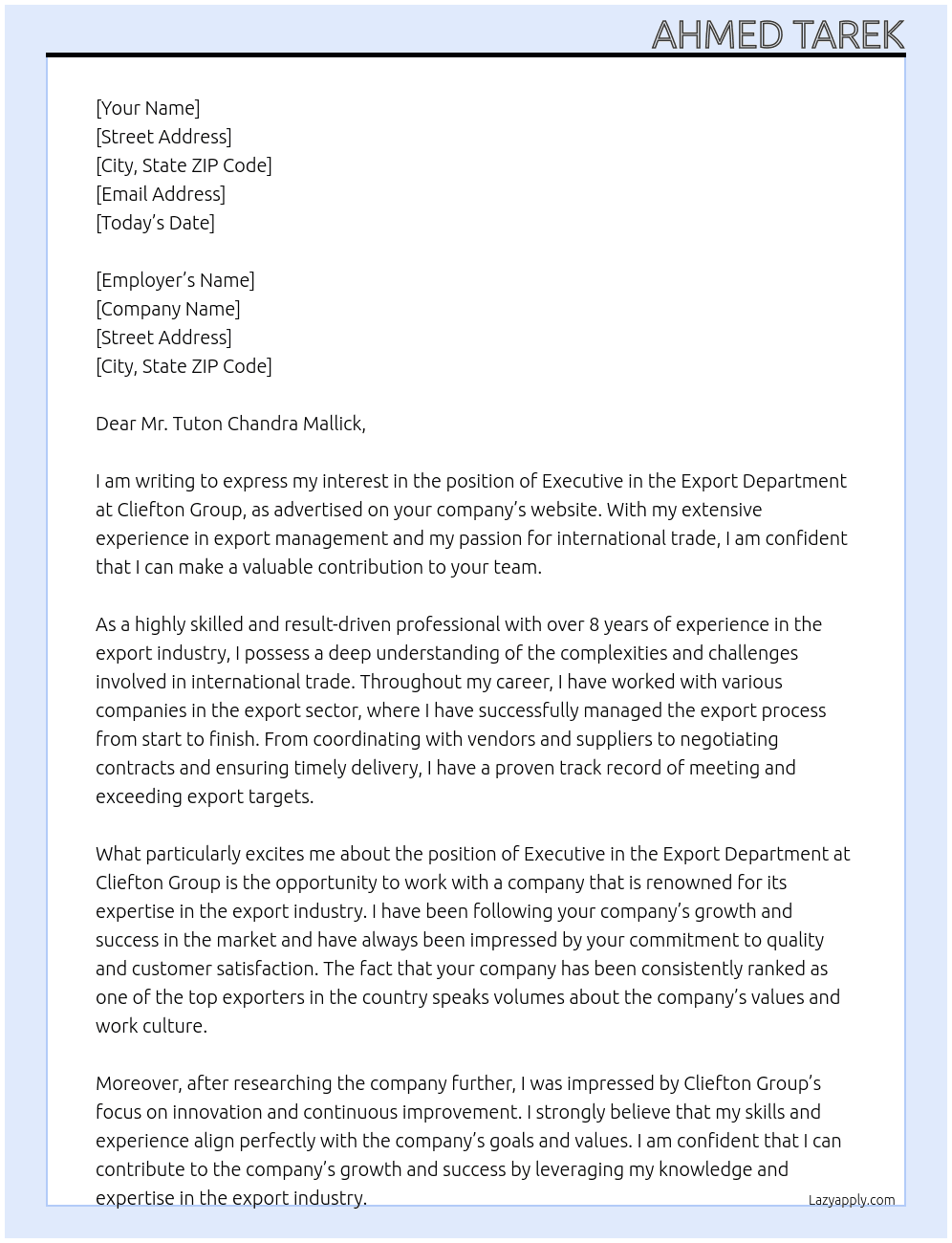 Executive in the Export Department At Cliefton Group Cover Letter
