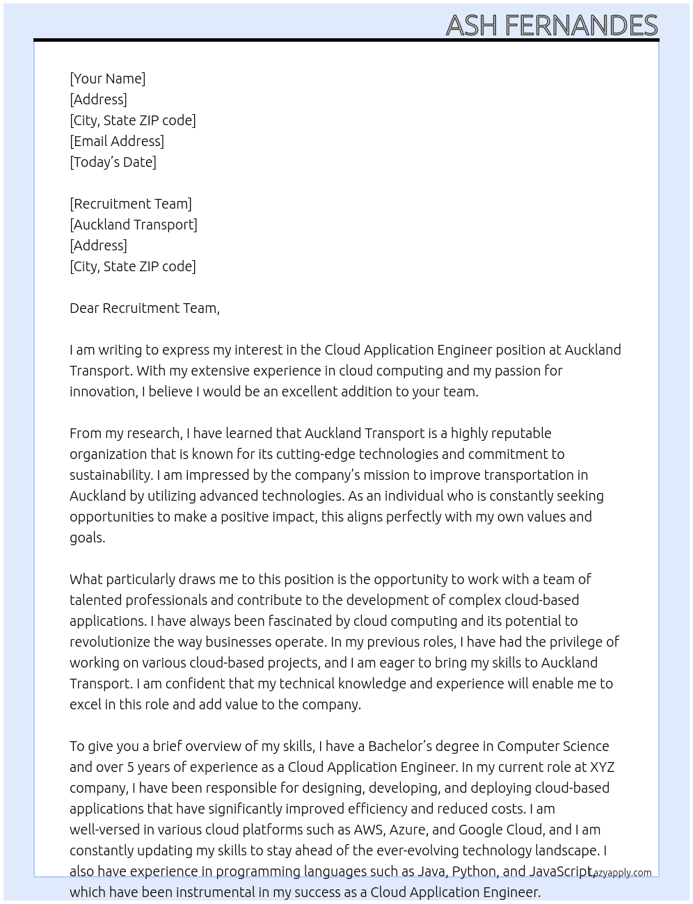 Cloud Application Engineer At Auckland Transport Cover Letter