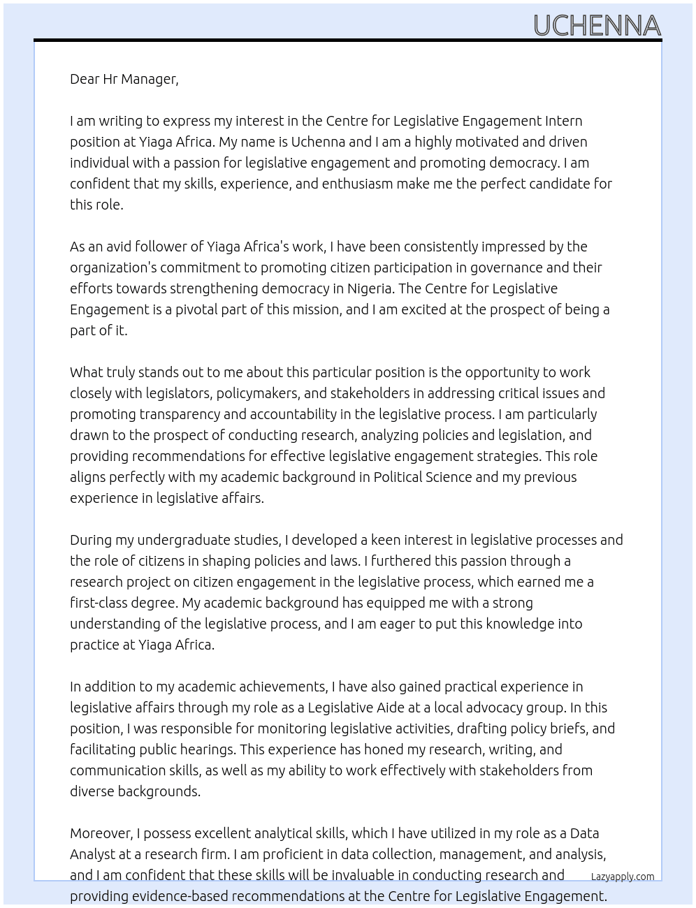 Centre for legislative engagement Intern At Yiaga Africa Cover Letter