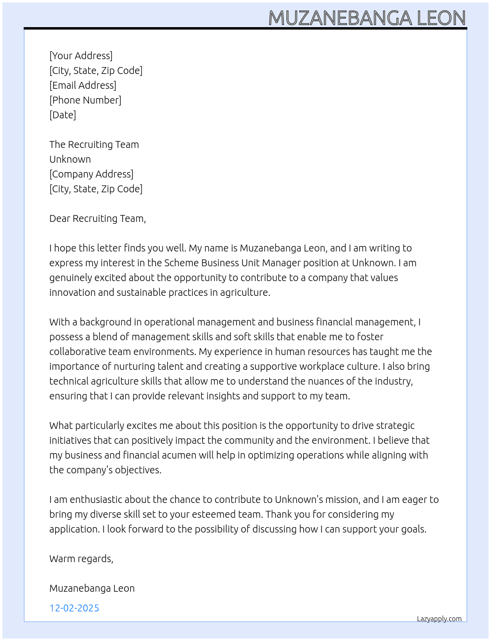 Scheme business unit manager At Unknown  Cover Letter