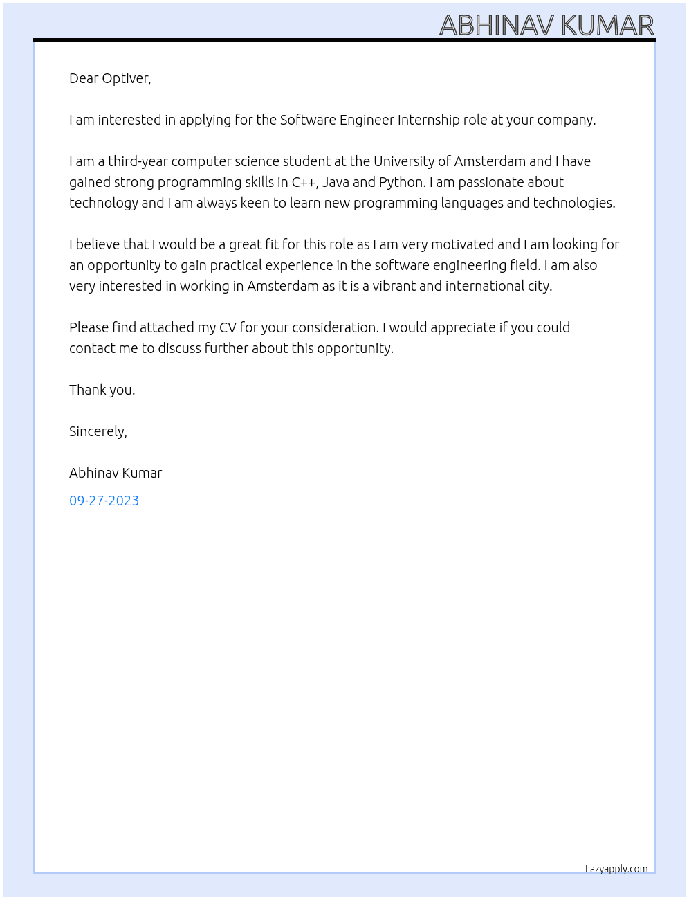 Software Engineer Internship At Optiver  Cover Letter