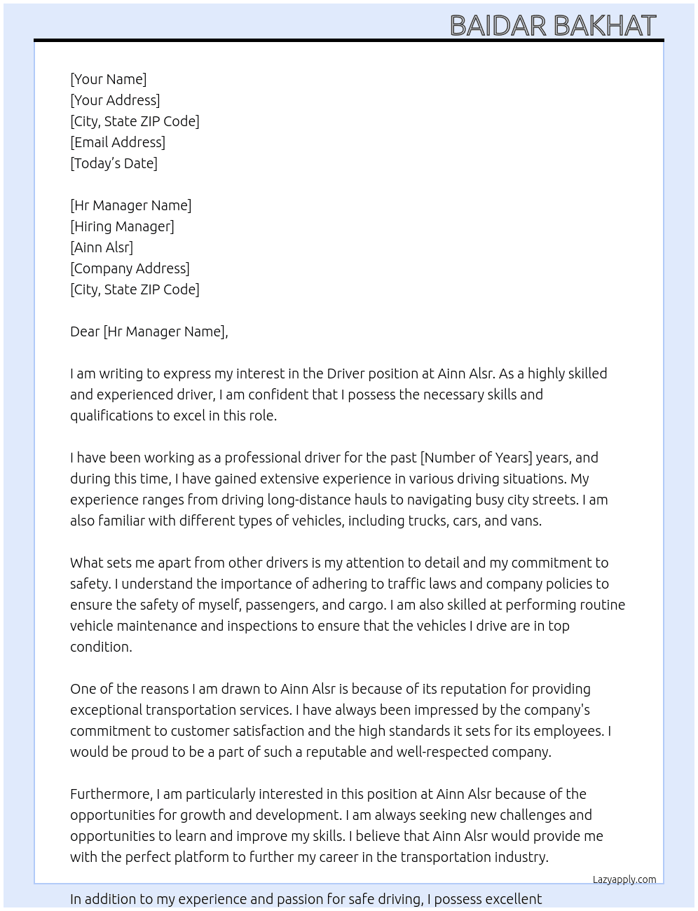 Driver  At Ainn Alsr Cover Letter