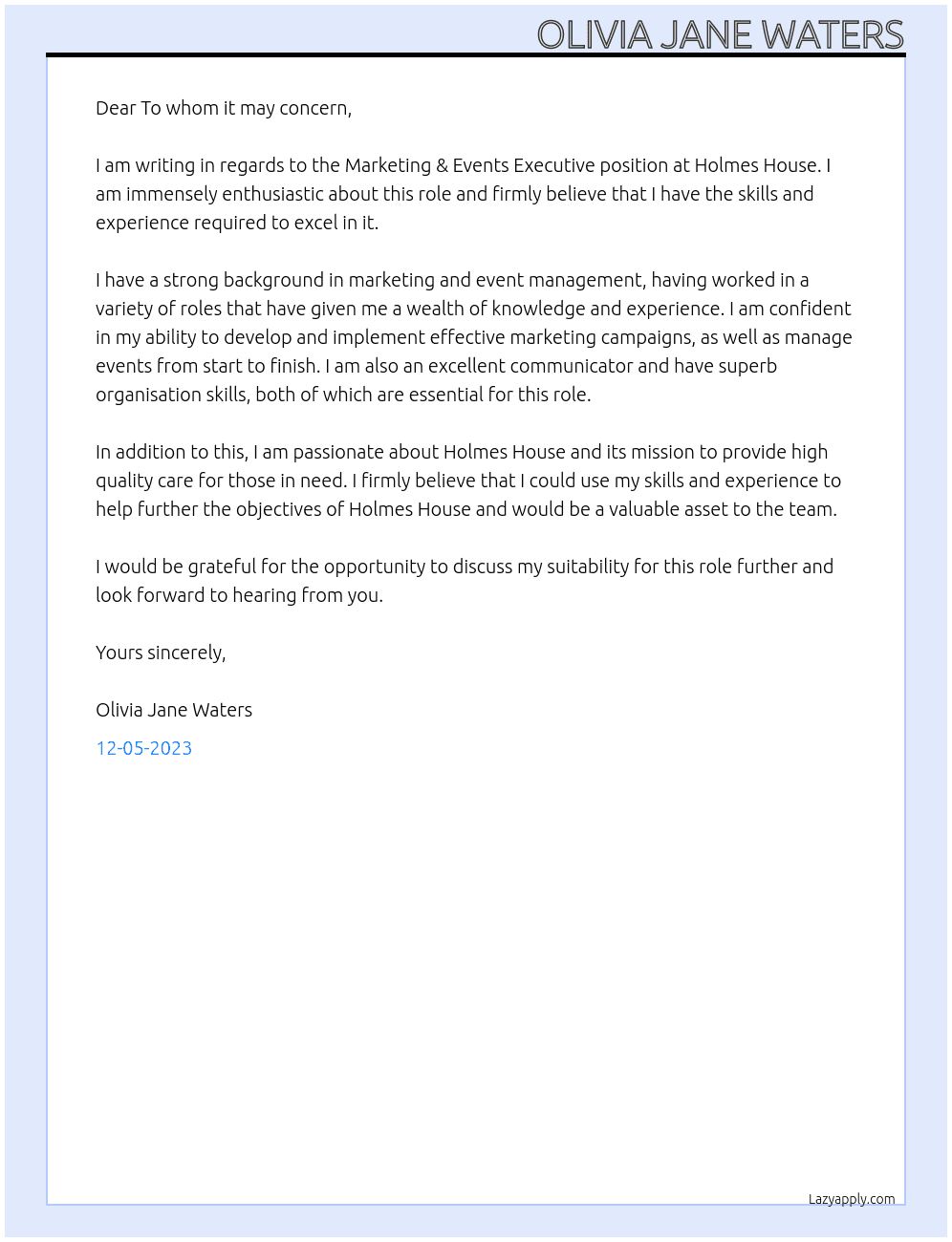 Marketing & Events Executive At Holmes House Cover Letter