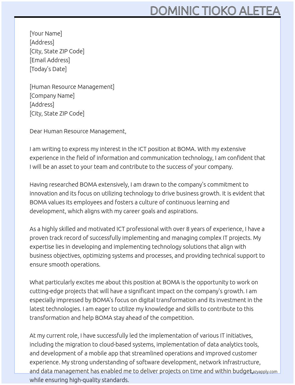 ICT  At BOMA Cover Letter