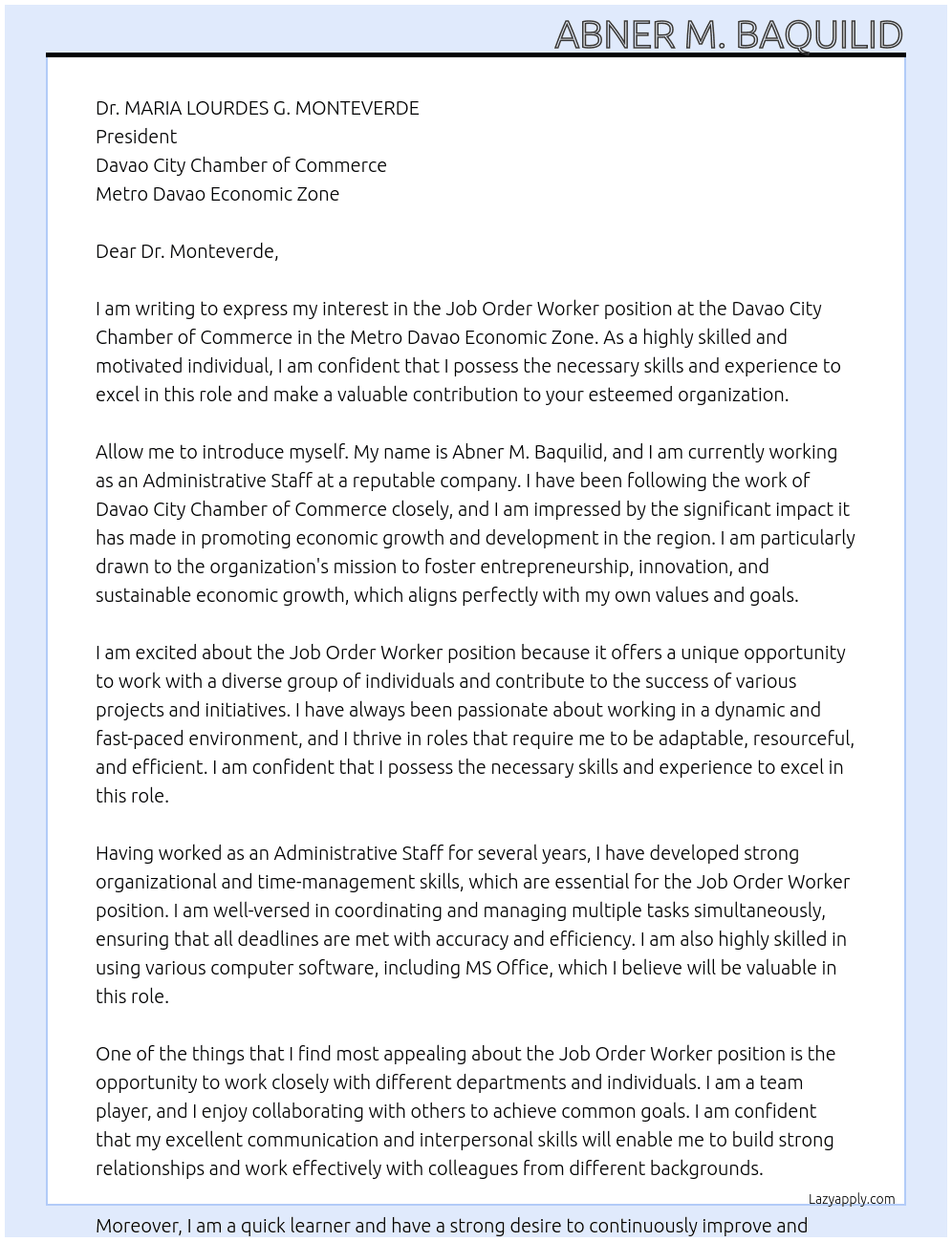 Job Order Worker At Administrative Staff Cover Letter