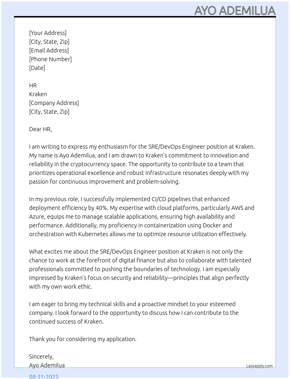 SRE / DevOps Engineer At Kraken` Cover Letter