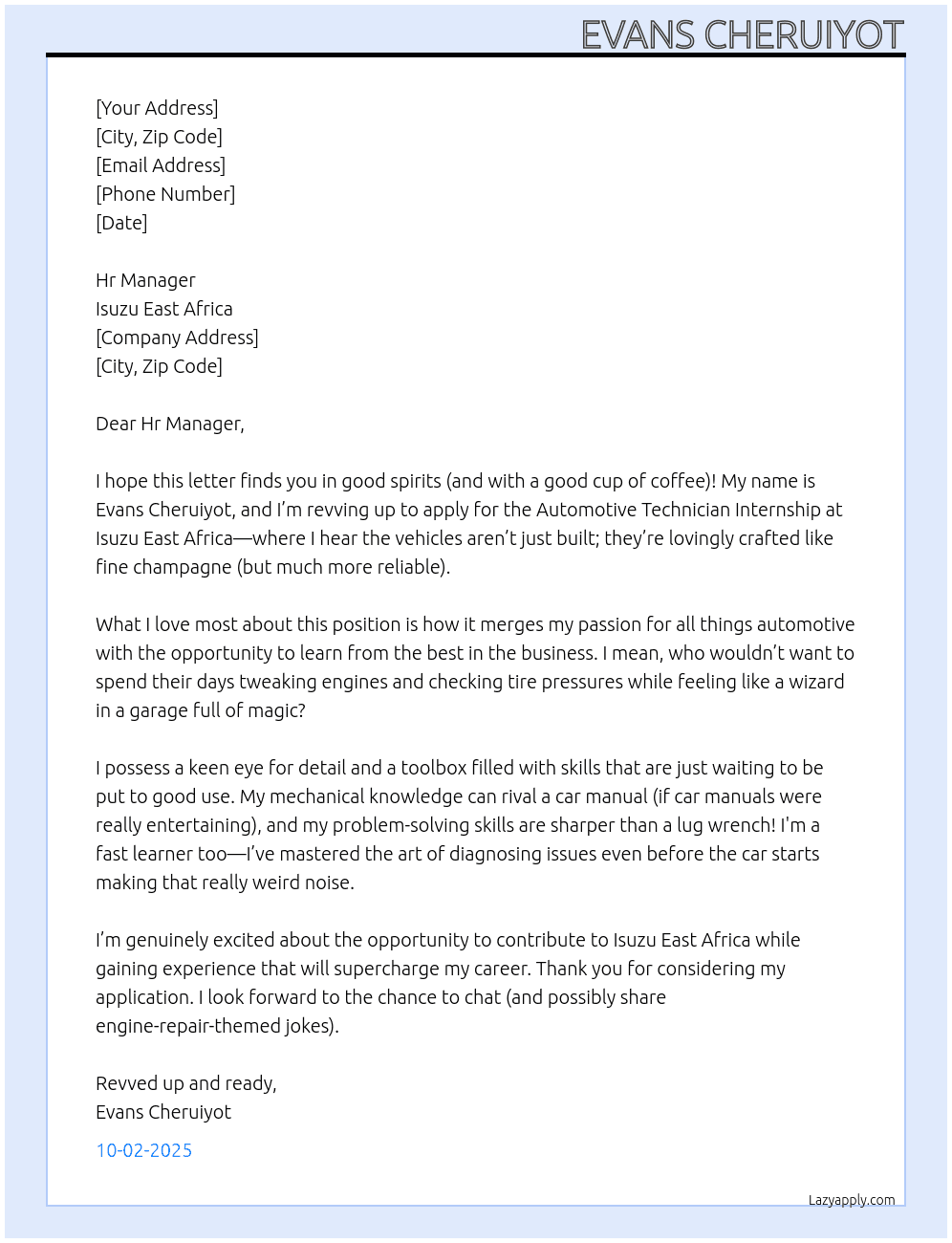 Cover letter for automotive technician internship - LazyApply