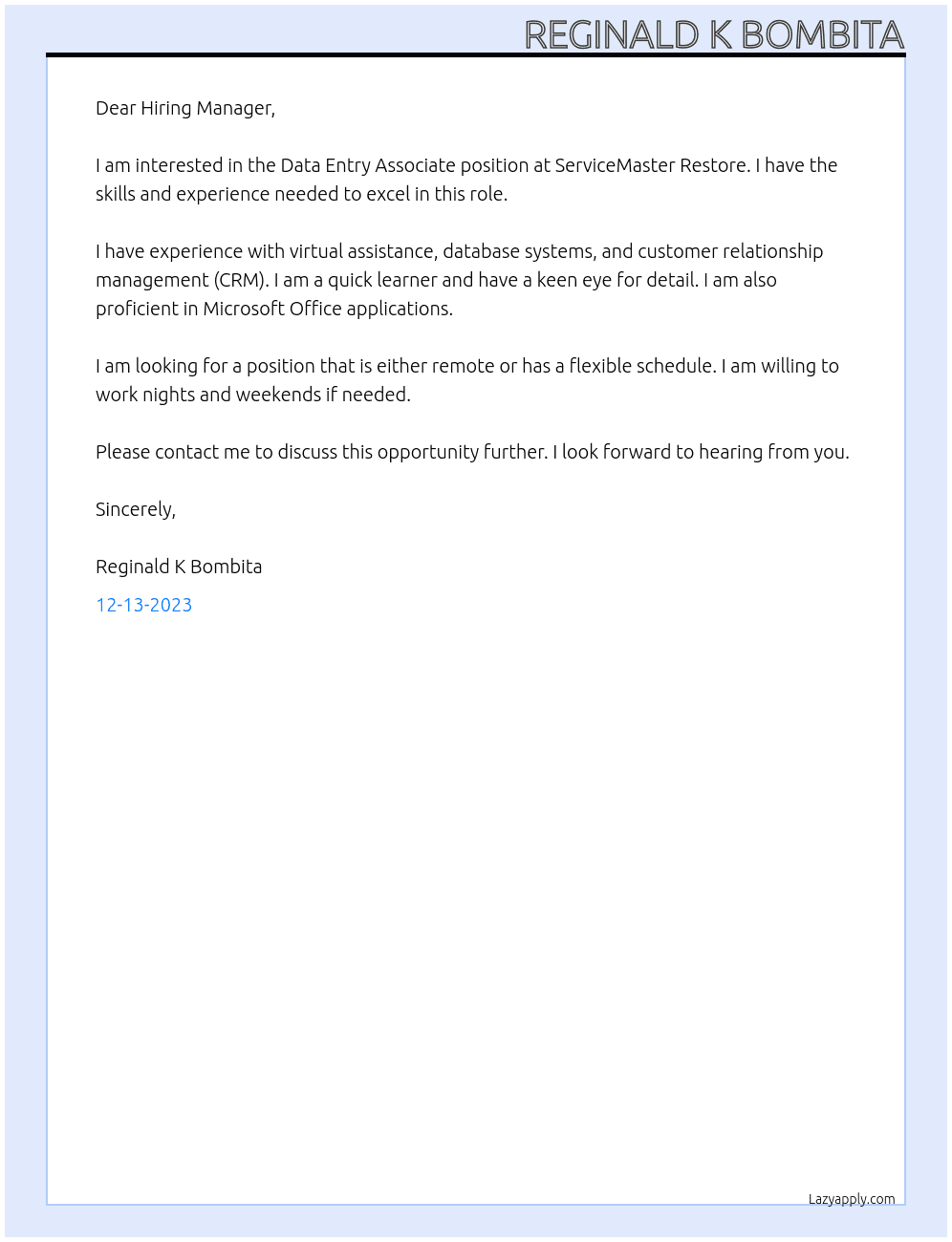 Data Entry Associate At ServiceMaster Restore Cover Letter