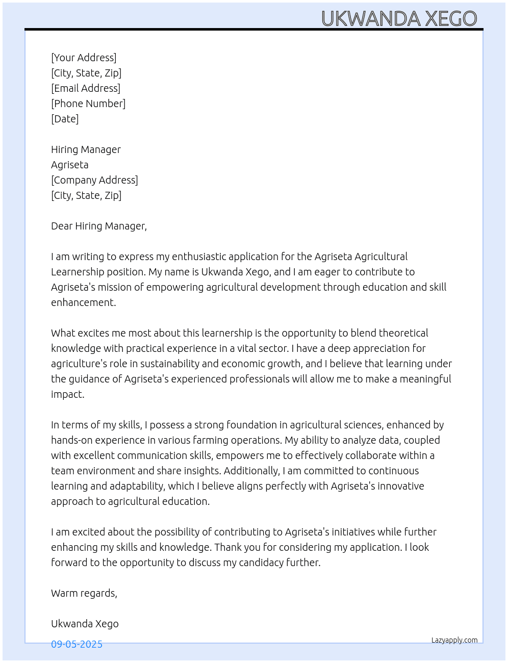 Agriseta agricultural learnership  At Agriseta Cover Letter