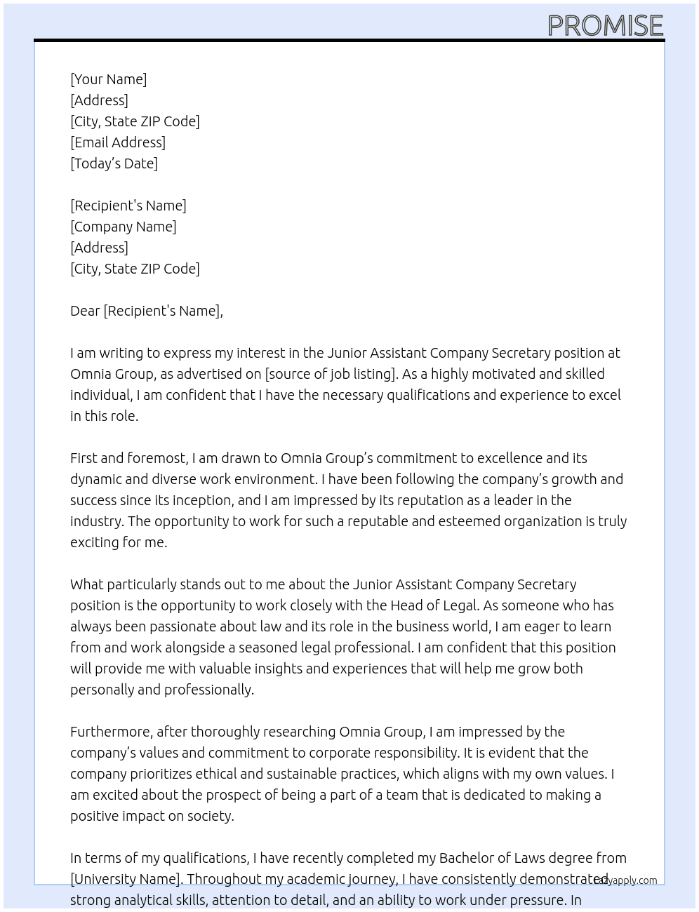 Junior Assistant Company Secretary ` At Omnia Group Cover Letter