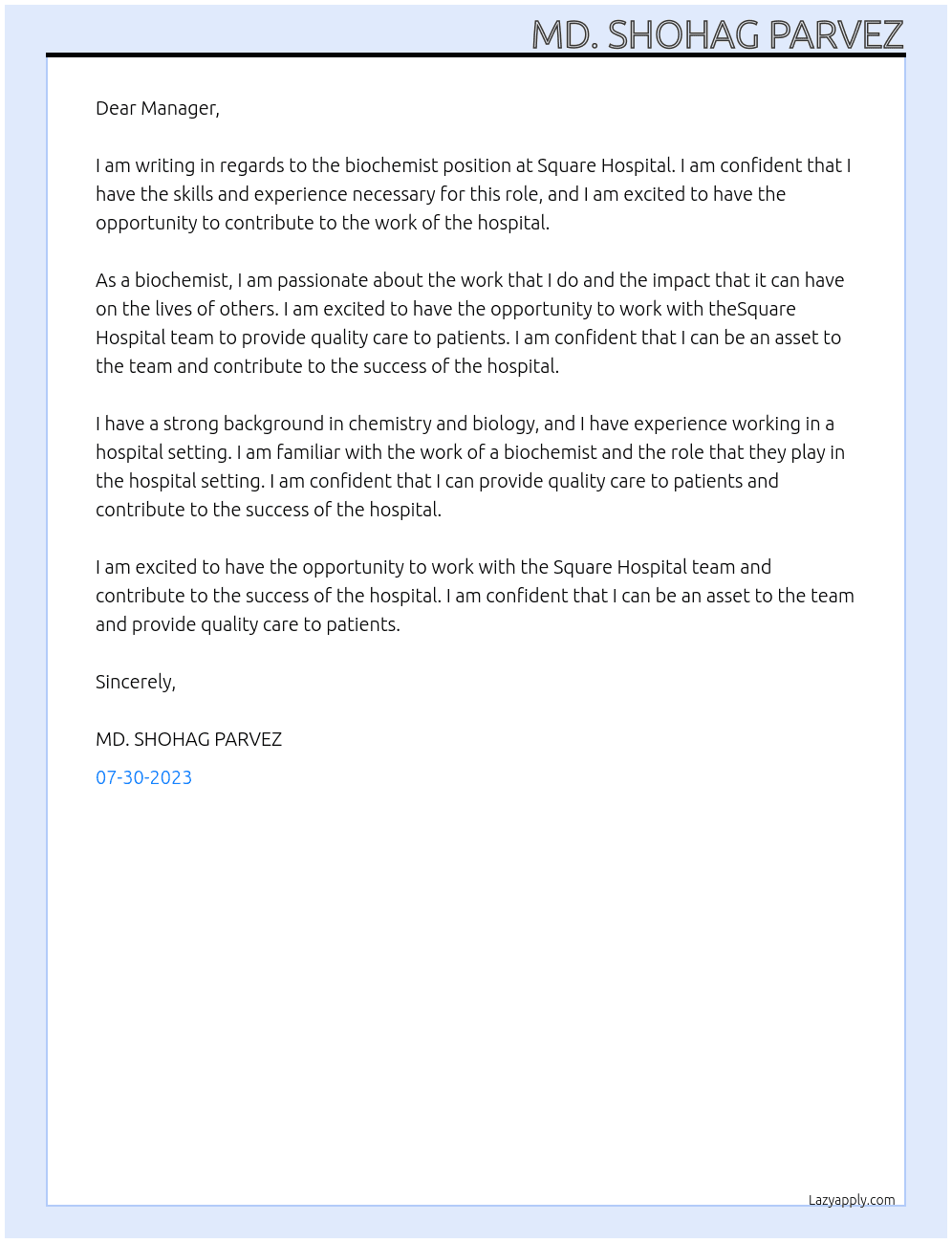 biochemist At Square Hospital Cover Letter