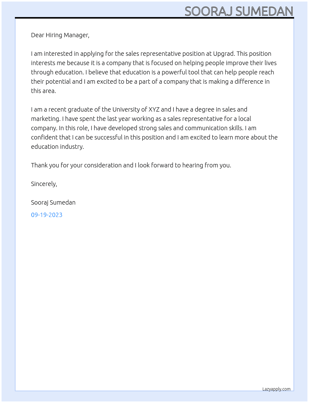 sales representative At Upgrad Cover Letter