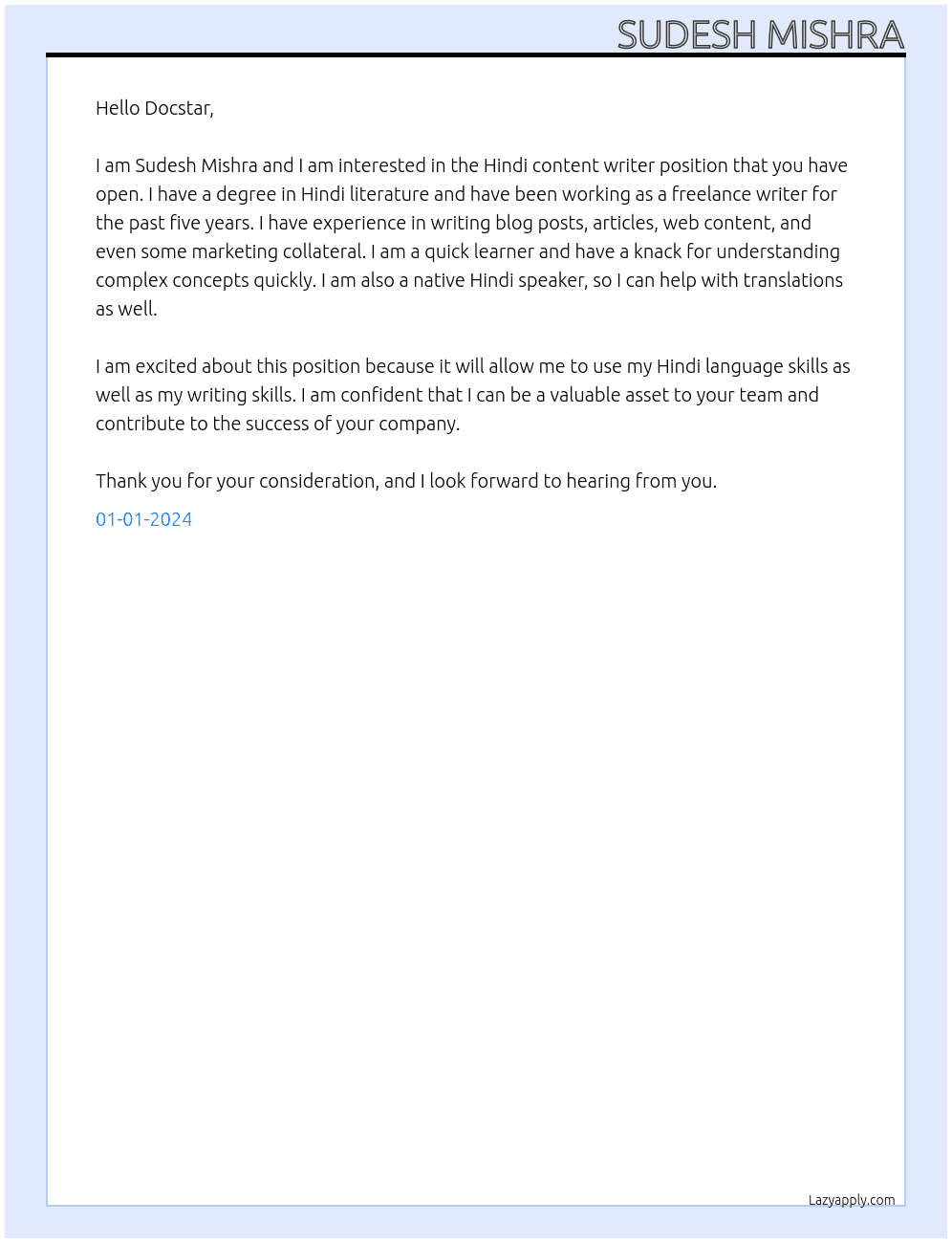 Hindi content writer  At Docstar Cover Letter