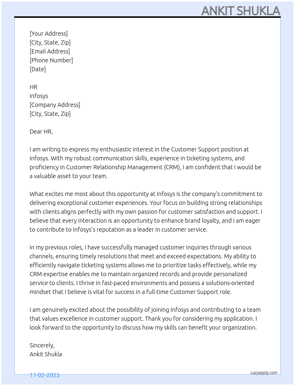 Customer Support At Infosys Cover Letter