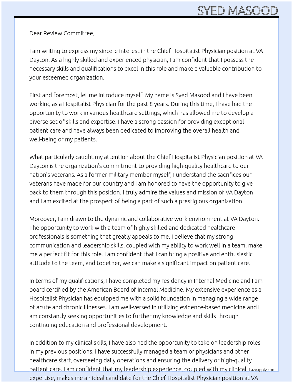 Chief Hospitalist Physician At VA Dayton Cover Letter
