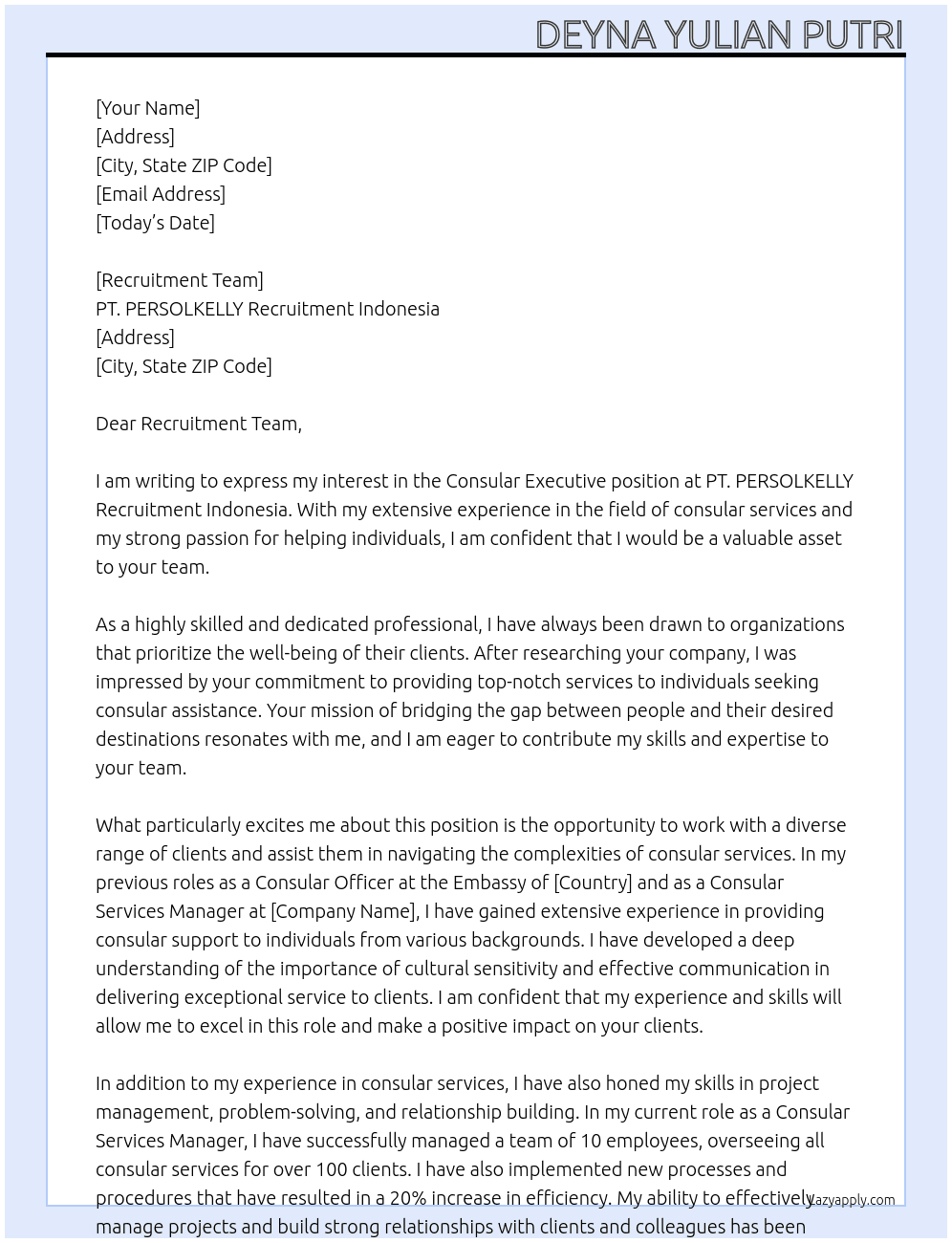  Applying for Consular Executive At PT. PERSOLKELLY Recruitment Indonesia Cover Letter