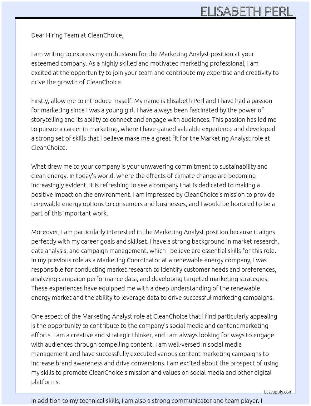 Marketing Analyst  At CleanChoice  Cover Letter