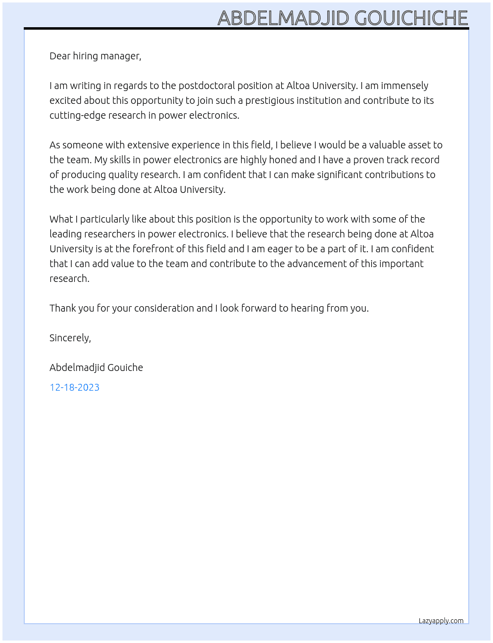 postdoctoral At Altoa university Cover Letter