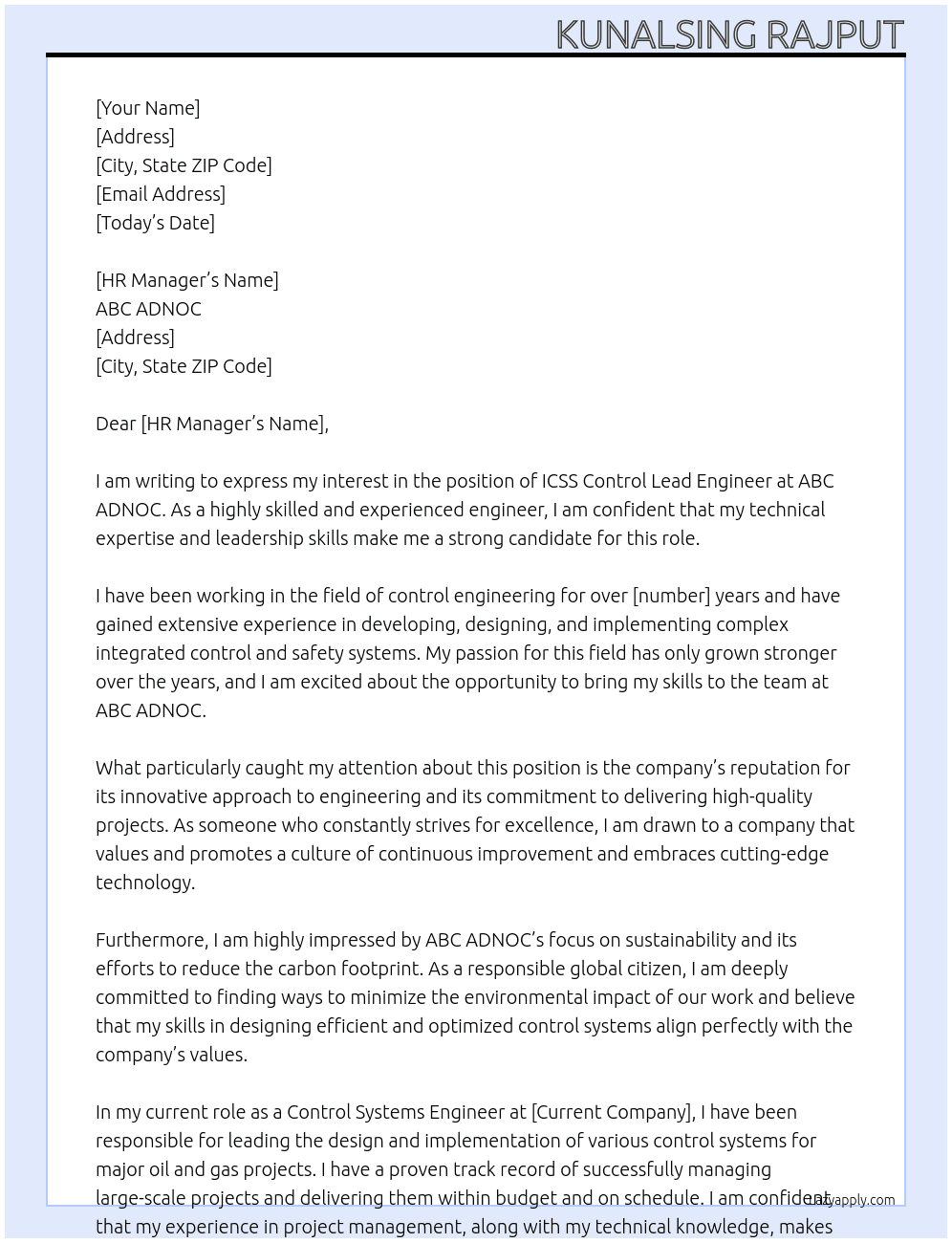 ICSS Control Lead Engineer At ABC ADNOC Cover Letter