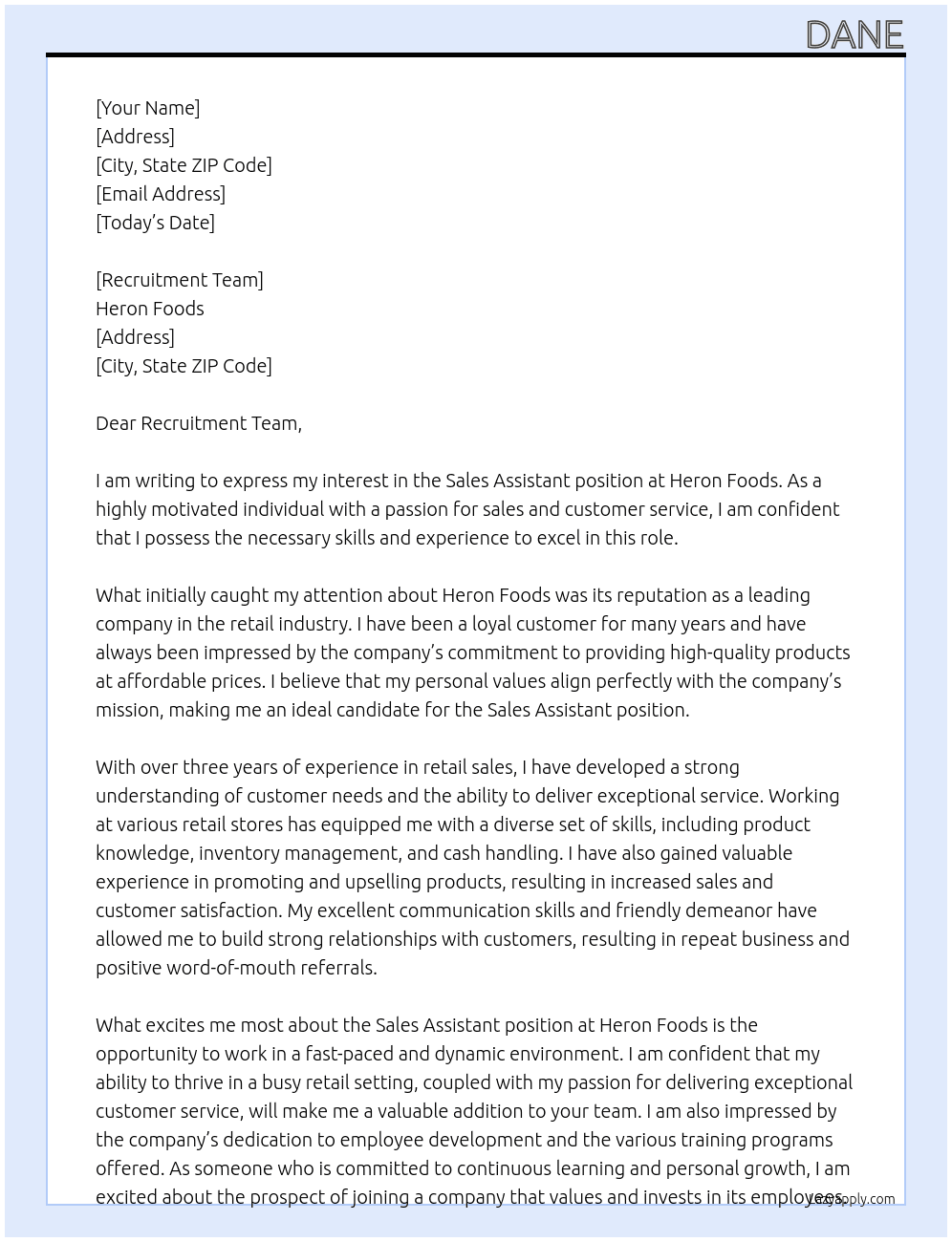 Sales assistant At Heron Foods Cover Letter