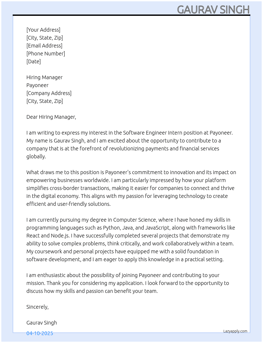 Software Engineer Intern At Payoneer Cover Letter