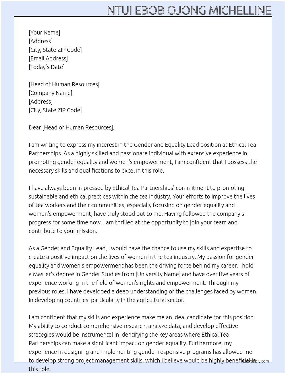 Gender and Equality Lead At Ethical Tea partnerships Cover Letter