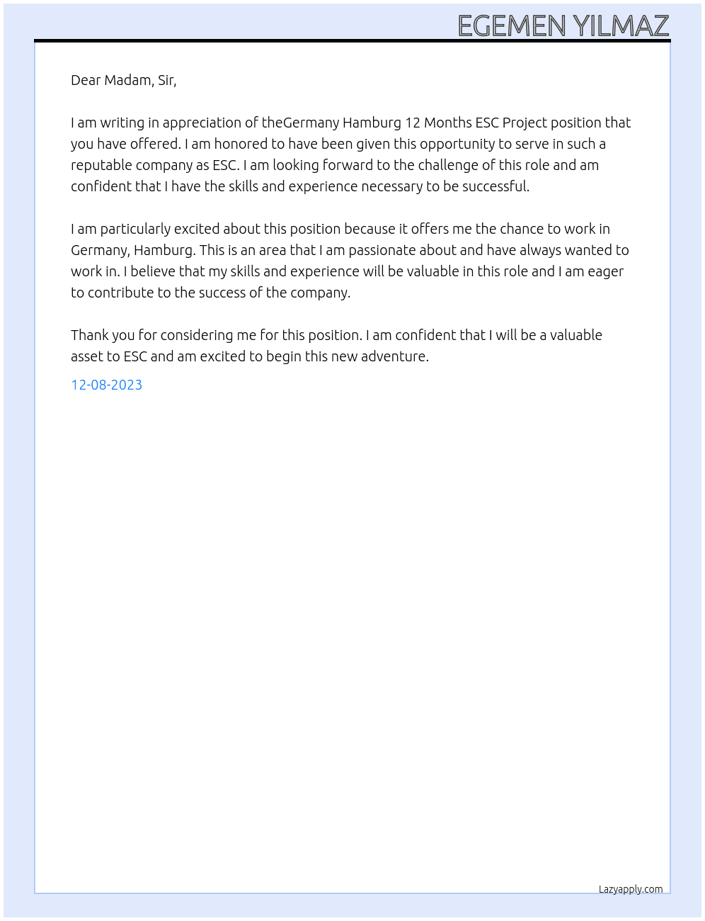 Germany Hamburg 12 Months ESC Project At ESC Cover Letter