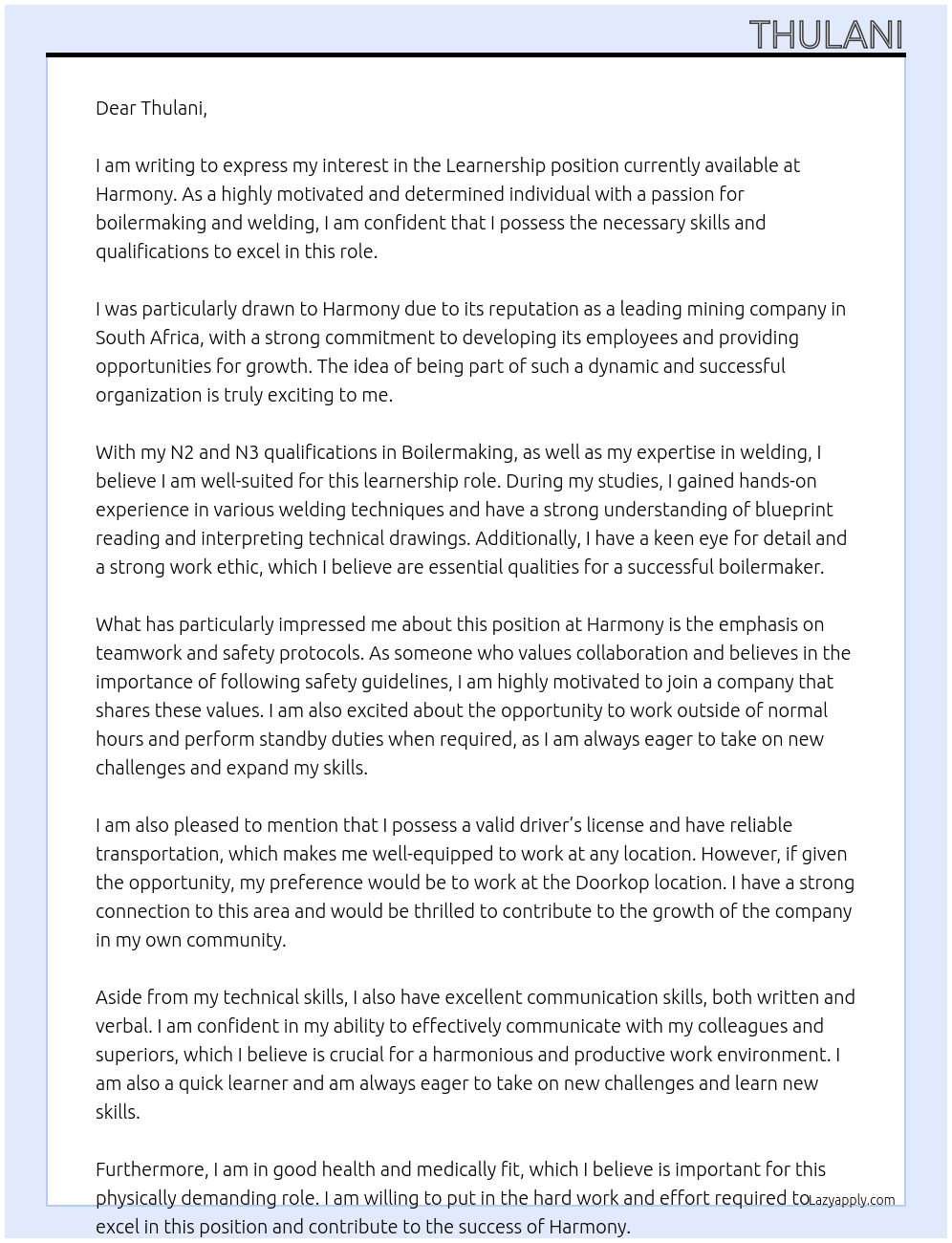 Learnership At Harmony Cover Letter