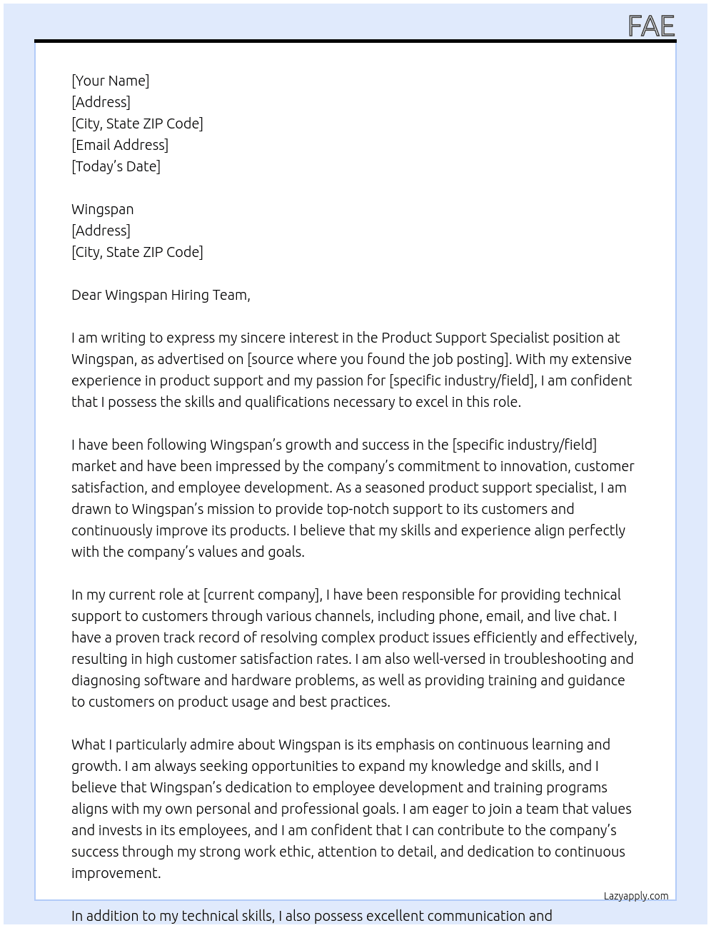 Product Support Specialist At Wingspan Cover Letter
