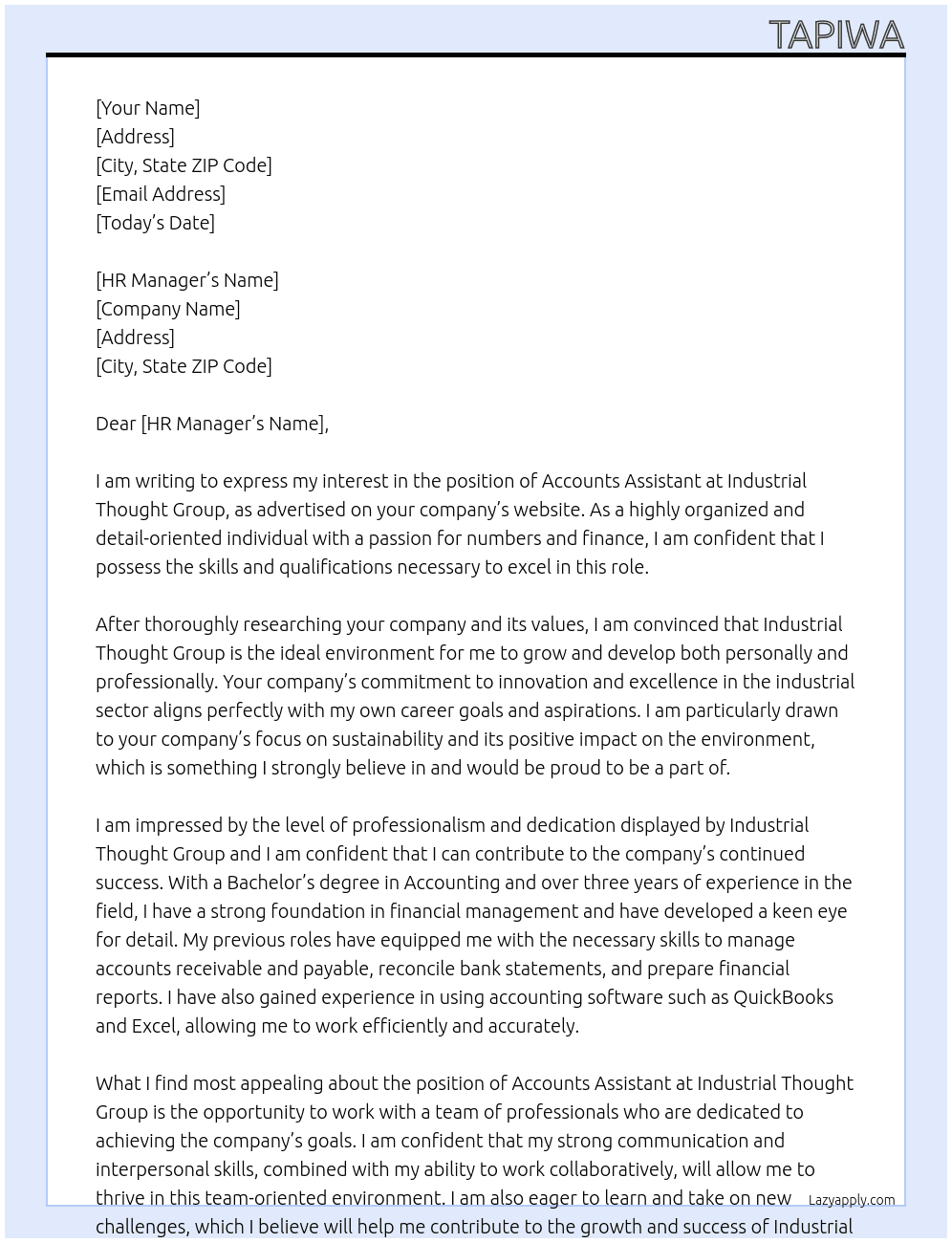 Accounts assistant At Industrial Thought Group Cover Letter