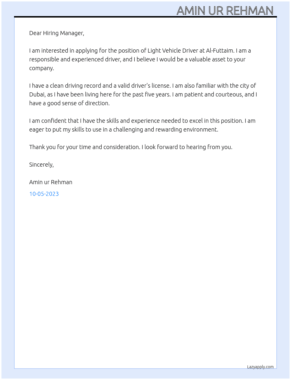 Light vehicle driver  At Al-futtaim Cover Letter