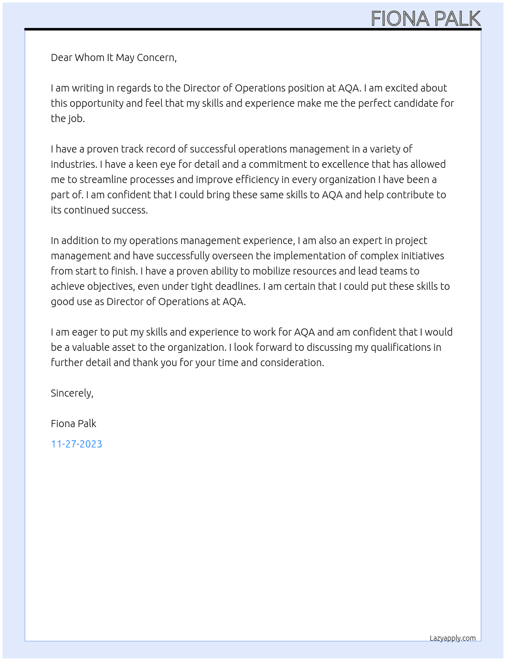 Director of Operations At AQA Cover Letter