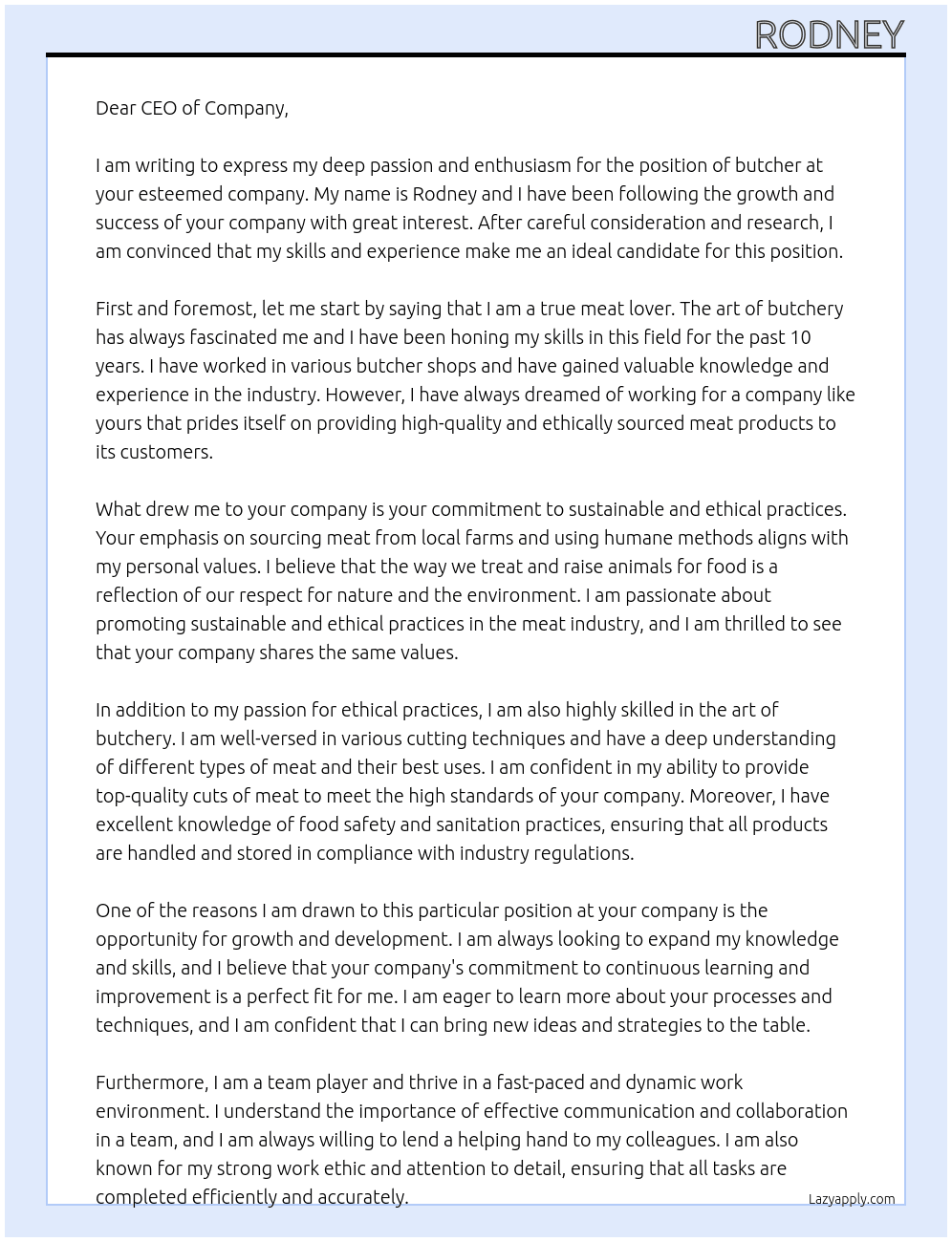 butcher At company Cover Letter