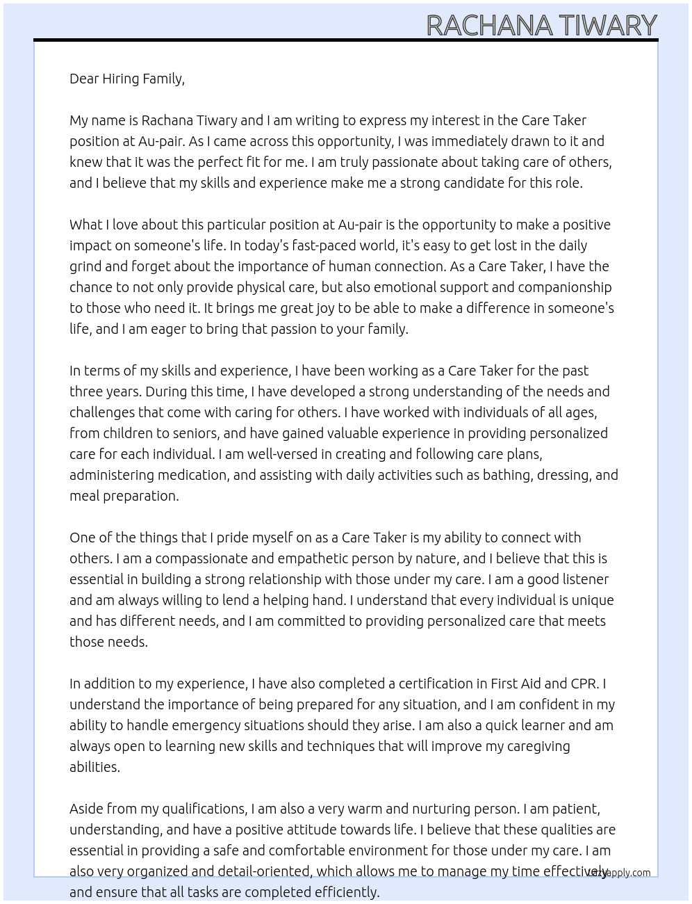 Care Taker At Au-pair  Cover Letter
