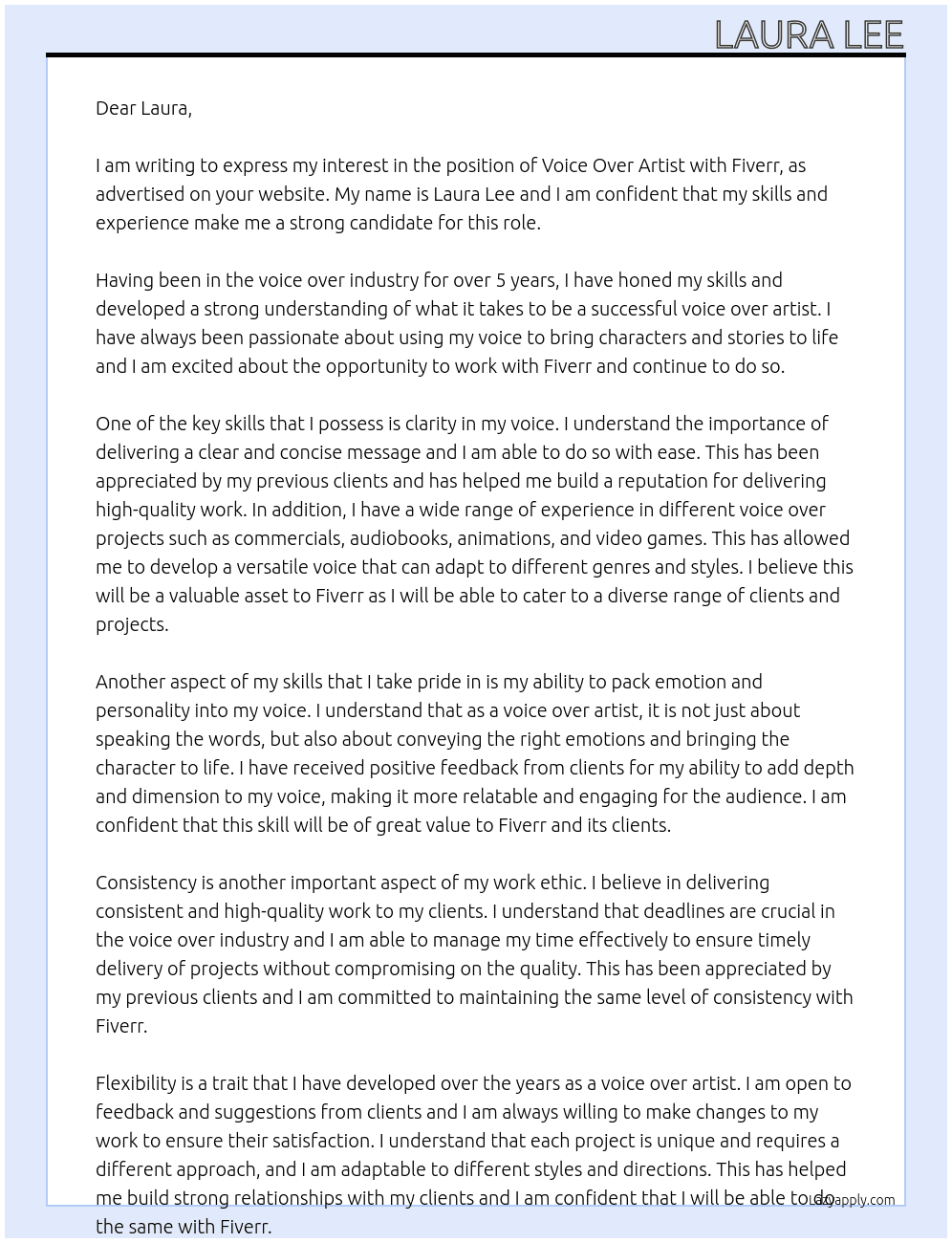voice over artist At fiverr Cover Letter