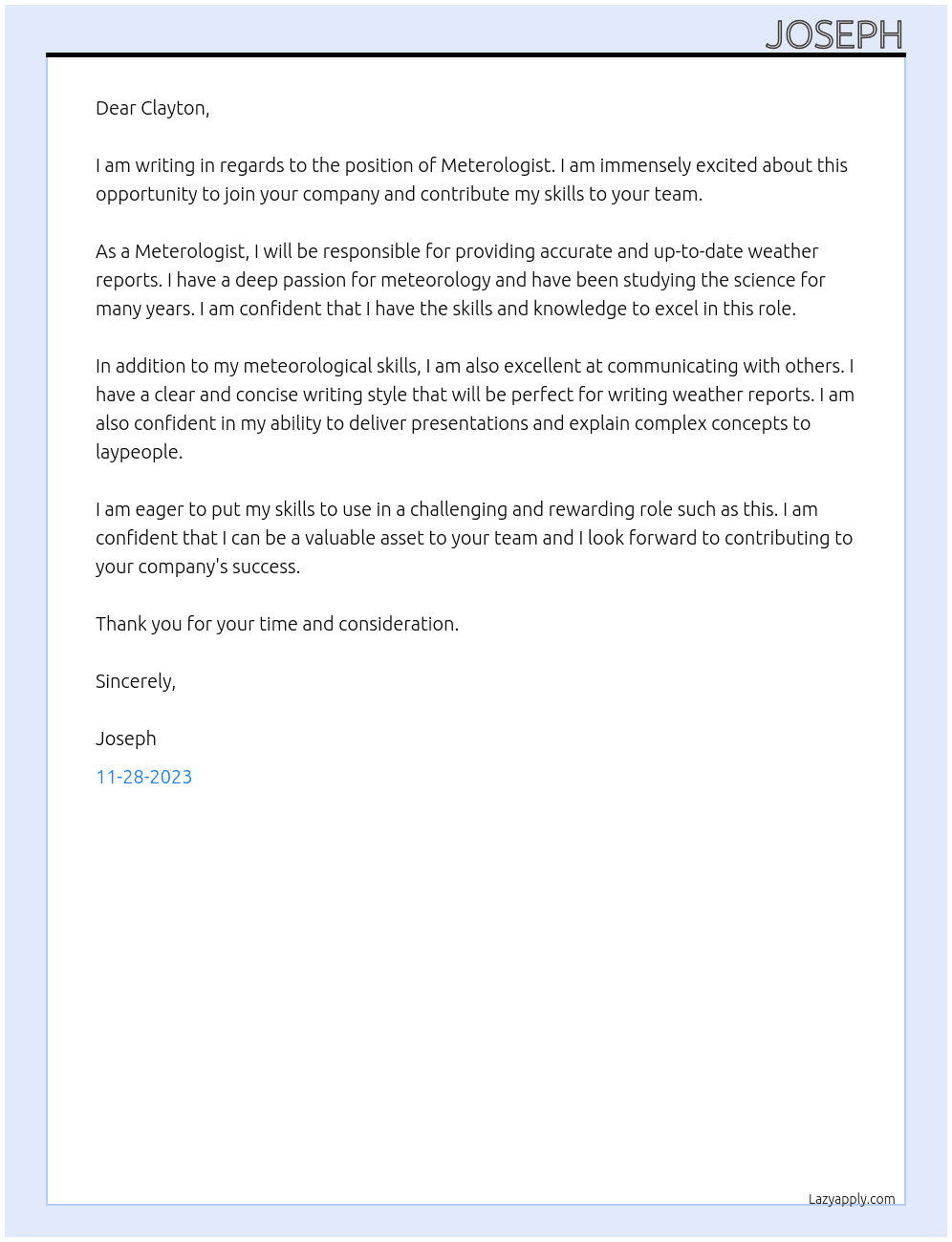 Meterologist At Clayton Cover Letter