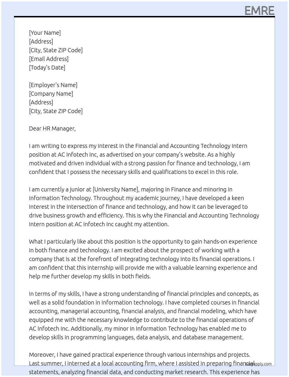  Financial and Accounting Technology Intern At Ac Infotech Inc Cover Letter