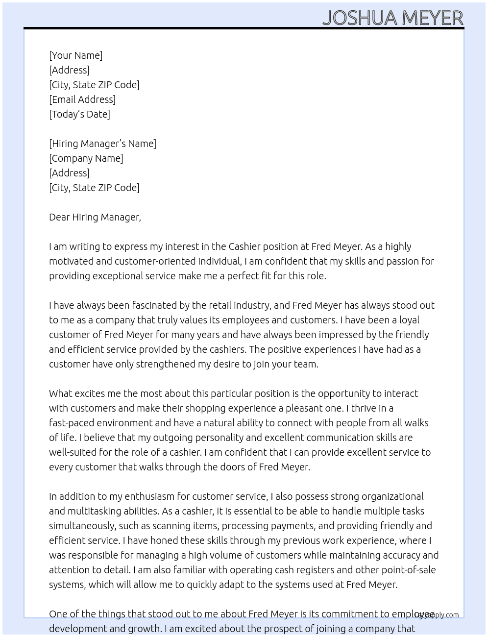 Cashier At Fred Meyer Cover Letter